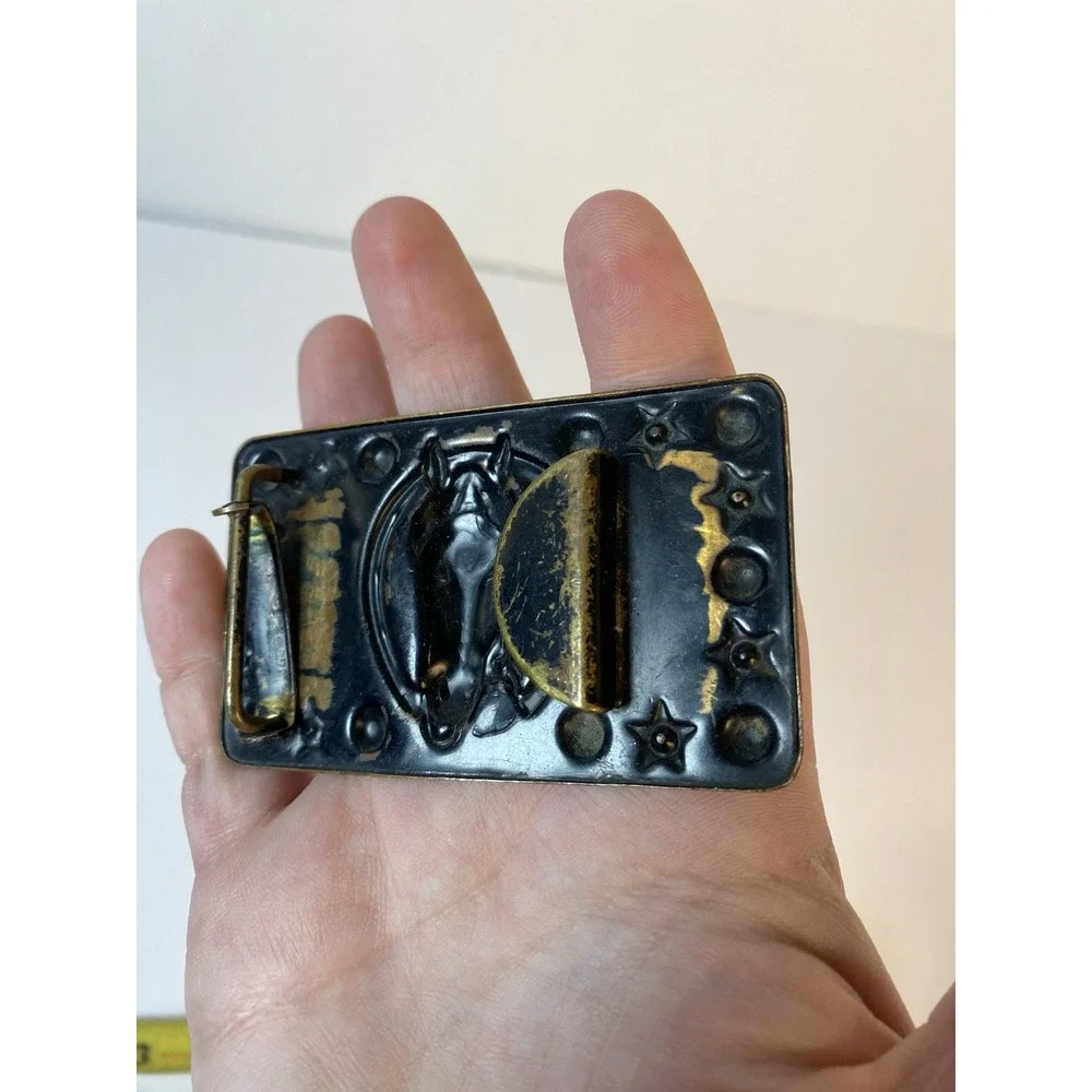 Horse Head Metal Belt Buckle With Stars And Circles Border‎ Vintage